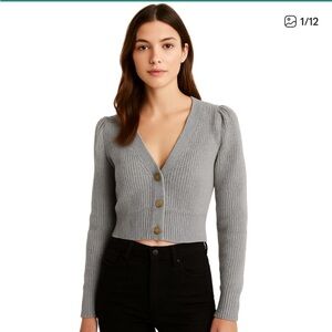 Aerie Sweater Gray Crop Long Sleeve Size Small Button Up Knitted